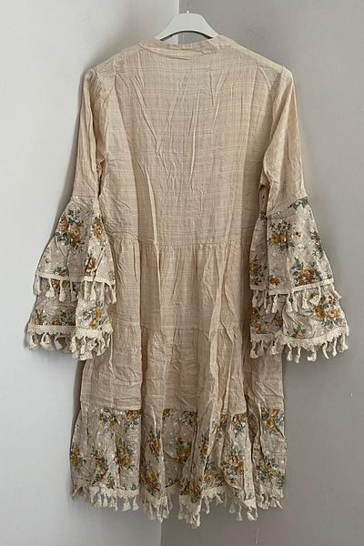 AYASOFYA OTANTIK Women's Italian Beige Ethnic Judge Collar and Sleeves Tassel Detailed Long Sleeve Lined Short Dress