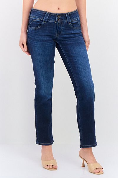 Pepe Jeans Women Straight Fit Washed Stretchable Jeans, Navy Blue