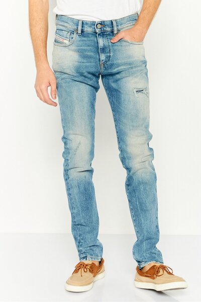 Diesel بنطلون جينز رجالي ضيق بقصة ضيقة وخصر متوسط وساق رفيعة، أزرق