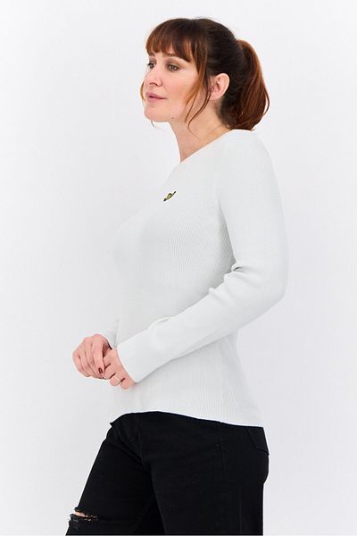 Lyle & Scott Women Crew Neck Embroidered Logo Ribbed Sweater, Light Grey