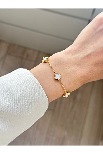 YOUES JEWELRY 316l Çelik Yonca Sedefli Beyaz Bileklik Kadın Bileklik Çift Taraflı Bileklik