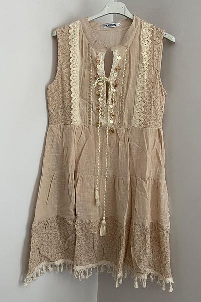 AYASOFYA OTANTIK Women's Italian Beige Ethnic Patterned Tie-Up Judge Collar Sequin Detailed Sleeveless Lined Mini Dress