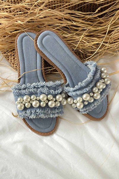 Shoebutik Papuci de damă Mila Blue Denim Pearl Detail