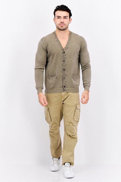 GAS Men V Neck Textured Cardigan, Ivy Green Washed