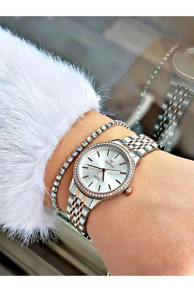 Raymond Rose Gold Silver Color Stone Model Classic Women's Wristwatch + Bracelet