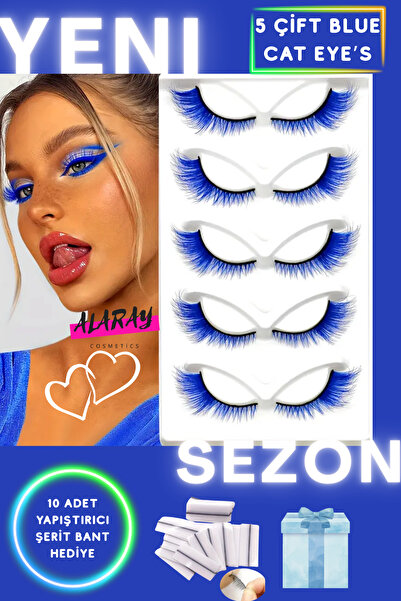 alaraycosmetics RENKLİ TAKMA İPEK KİRPİKLER CAT EYE'S NATUREL MAVI KİRPİKLER 5 ÇİFT+10 ADET YAPIŞTIRICI BANT HEDİYE