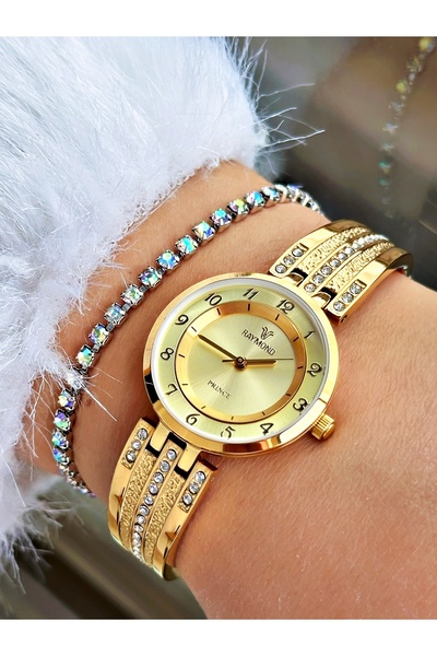 Raymond Altın Renk Taşlı Model Fantazi Çelik Taşlı Model Kadın Kol Saati + Bİ...