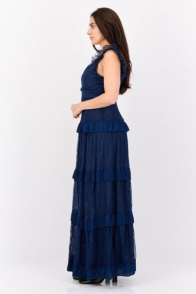 Lulus Women Lace Tiered Maxi Dress, Navy Blue
