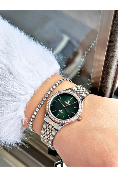 Raymond Rose Gold Silver Color Stone Model Classic Women's Wristwatch + Bracelet