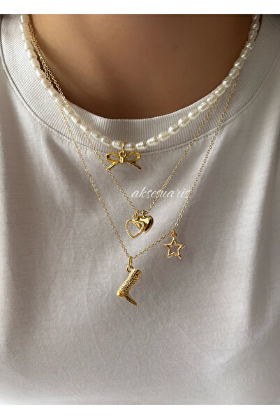 aksesuaris 3'lü İnci Kurdele Charm Gold Kolye Set