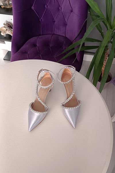 LA CALZATURE Silver Satin 6 cm Heeled Three Rows of Stones Ankle Belt Evening Dress Women's Shoes