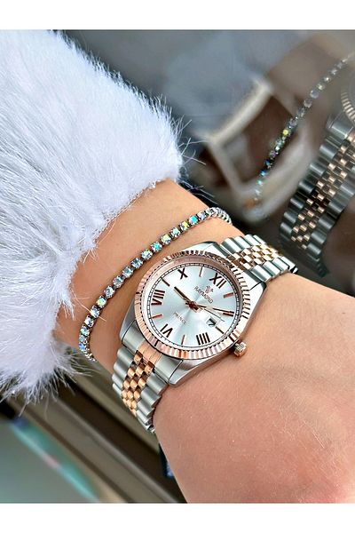 Raymond Rose Silver Color Roman Numeral Steel Elite Classic Women Wrist Watch + Bracelet