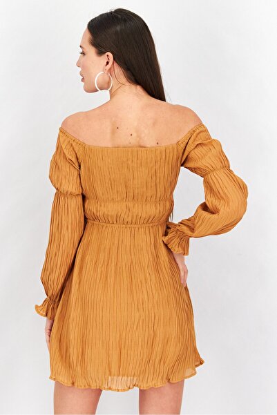 NA-KD Women Off Shoulder Marie Sleeve Textured Mini Dress, Tan