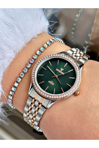 Raymond Rose Gold Silver Color Stone Model Classic Women's Wristwatch + Bracelet