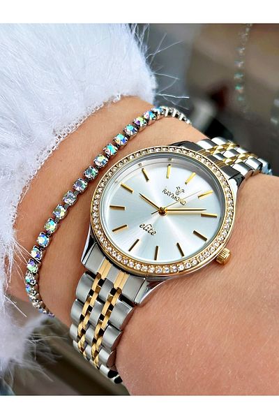 Raymond Gold Gold Silver Color Stone Model Classic Women's Wristwatch + Bracelet