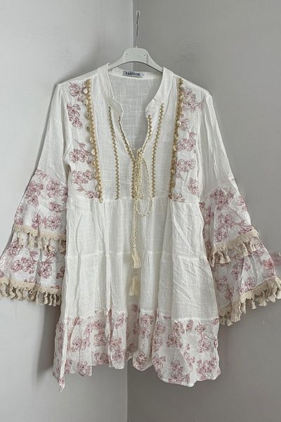 AYASOFYA OTANTIK Γυναικείο ιταλικό λευκό έθνικ δικαστικό κοντό φόρεμα με μακρυμάνικο φόρεμα με φούντα