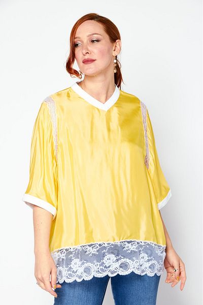 BURBERRY Women V-neck Short Sleeve Textured Top, Yellow