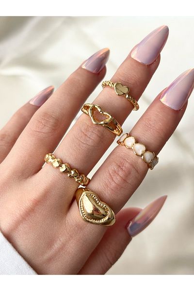 Eylülün Takısı Women's Gold Color 5-Piece Heart Model Ring Set