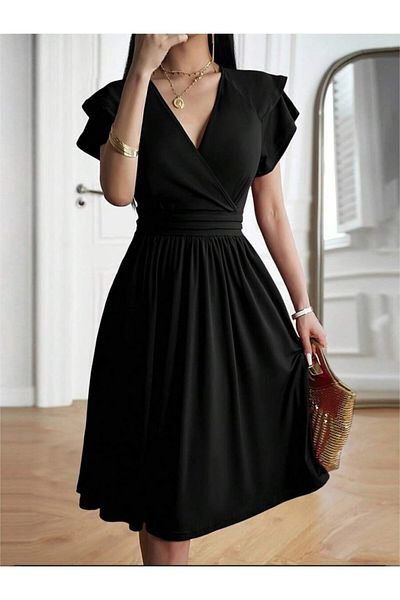 Masspera Double Breasted Collar Short Ruffle Sleeve Midi Length Flared Dress
