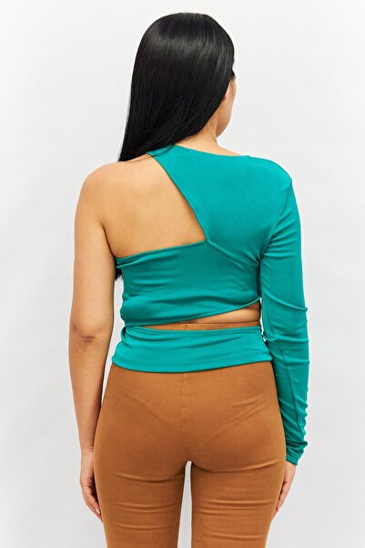 NA-KD Women Round Neck One Shoulder Sleeves Cut Out Shirt, Green