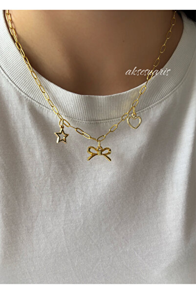 aksesuaris Çelik Yıldız Kurdele Kalp Charm Gold Kolye