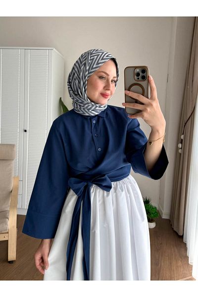 Refika Butik Top cu fustă cu curea cu talie pentru femei albastru bleumarin