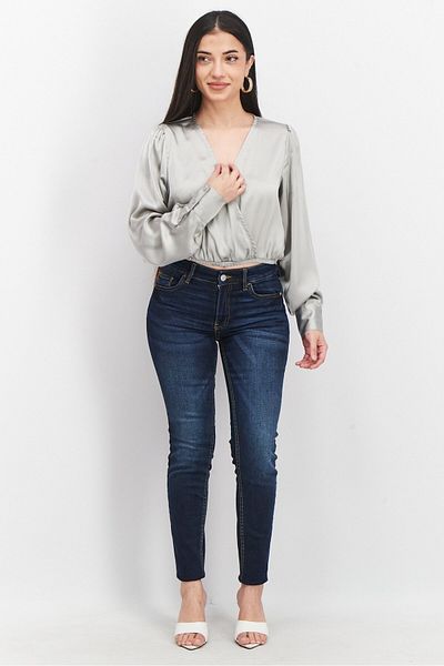 NA-KD Women Surplice Neck Long Sleeve Plain Blouse, Grey