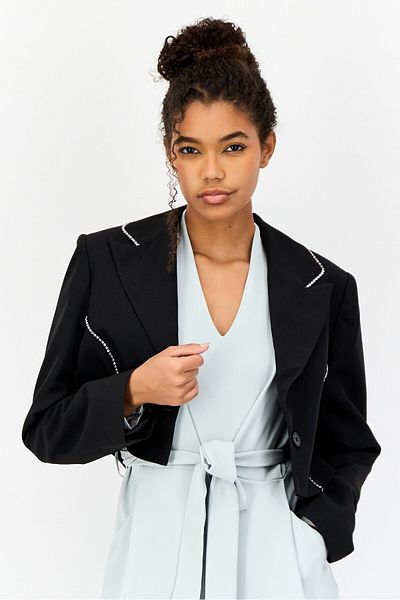 ASYOU Women Regular Fit Diamante Trim Crop Blazer, Black