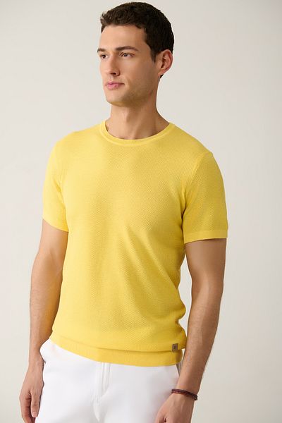 Avva Men's Yellow Crew Neck Textured Cotton Knitwear T-Shirt E 005027