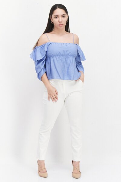 Vince Women Off The Shoulder Neck Long Sleeves Plain Blouse, Blue