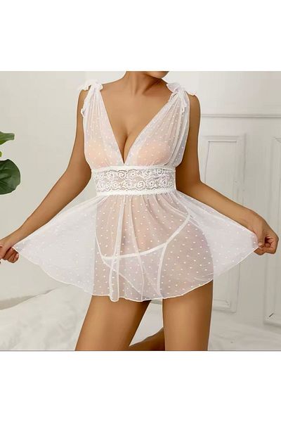 Bluewhs Women's Special Fancy Nightgown Sexy Low-Cut Chest See-Through Tulle Detailed Stylish Lace Nightgown