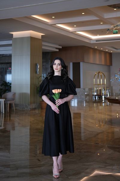 BEYZATURAN Veronica Black Inverted Pleat Balloon Sleeve Long Flared Skirt Dress/Evening Dress