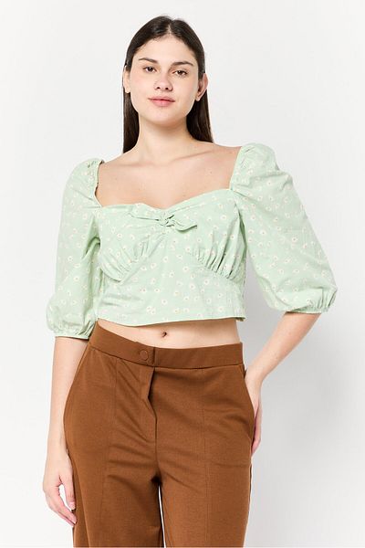 DeFacto Women Sweetheart Neckline Puff Sleeve Floral Pattern Blouse, Sage Green