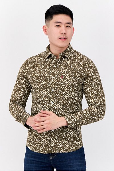 Levi's Men Slim Fit Long Sleeve Allover Print Casual Shirts, Olive/white