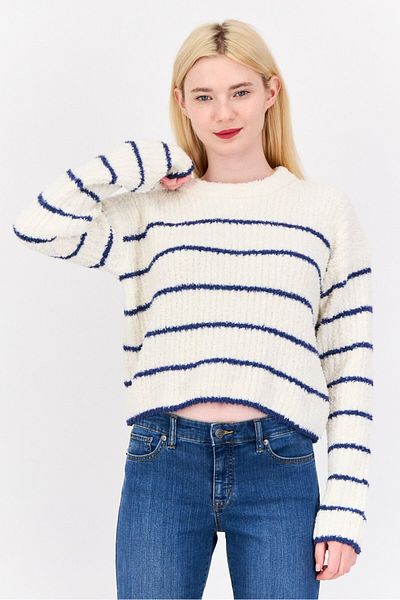 PİNK ROSE Women Crew Neck Long Sleeves Stripe Sweaters, Cream