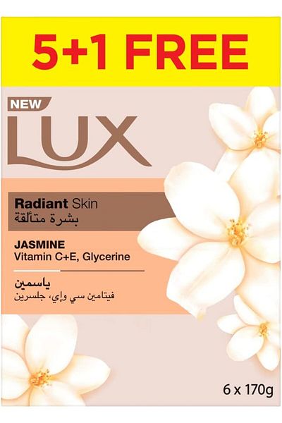 LUX Lux Soap Bar Glowing Skin Velvet Jasmine Flower, Jasmine & Almond Oil 170g x 5 1