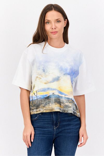 Esprit Women Crew Neck Short Sleeves Graphic Crop Top, White