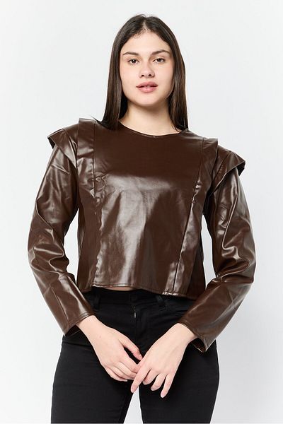 DeFacto Women Jewel Neckline Long Sleeve Pleated Blouse, Dark Brown
