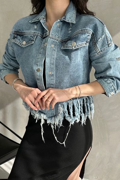 Caddebostan Moda Tassel Detailed Crop Washed Blue Denim Jean Jeans Women's Jacket