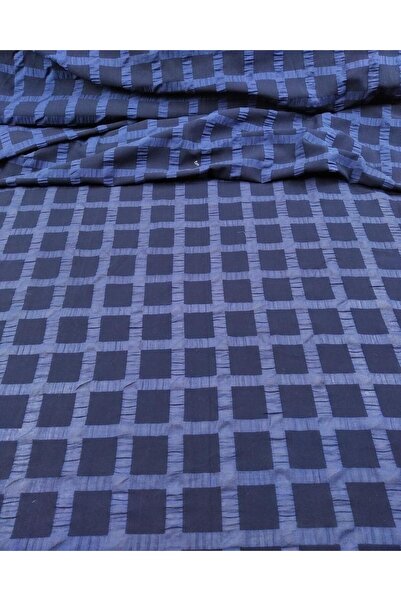 Kumaş Parça Lacivert Kendinden Ekoseli Pamuk Vual (En 120 cm x Boy 80 cm)