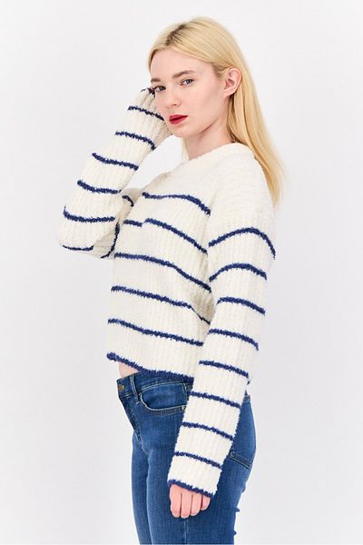 PİNK ROSE Women Crew Neck Long Sleeves Stripe Sweaters, Cream