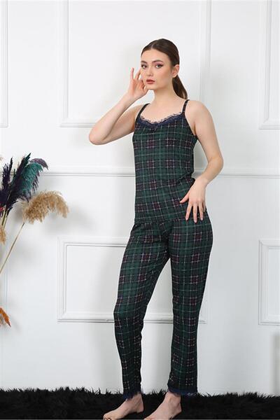 Mestore Fashion Line Women's Rope Strap Green Plaid Pajama Set 4135
