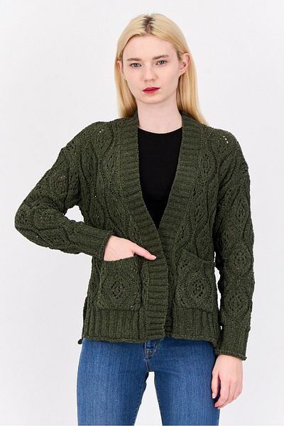 PİNK ROSE Women Split Neck Pointelle Cardigans, Dark Green