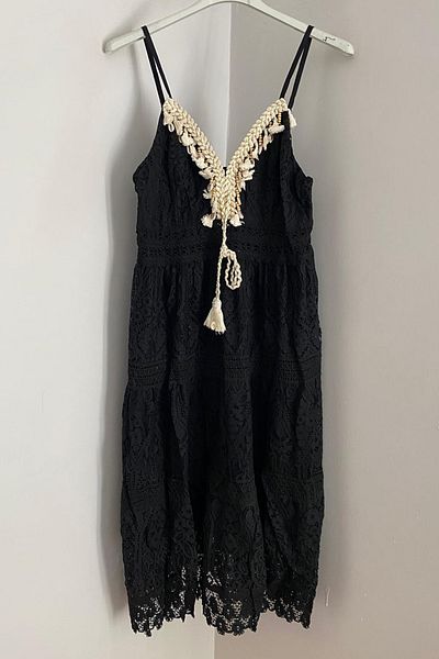 AYASOFYA OTANTIK Women's Italian Black Pompom Detailed Adjustable Strap Lined Mini Tunic Lace Dress