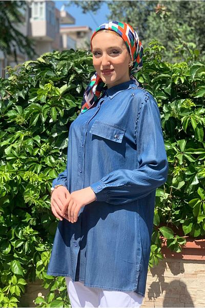 Moda Rosa 25Y4371 - Dark Blue - Shirt with Stone on the Shoulder