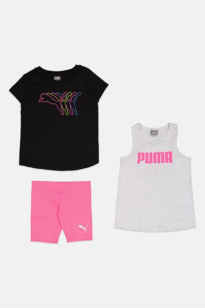 Puma Kids Girl 3 Pieces Brand Logo Top And Bottom Set, Black/grey/pink