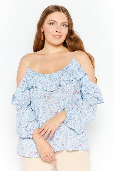 INC Women Scoop Neck Cold Shoulder Sleeves Floral Print Blouse, Light Blue