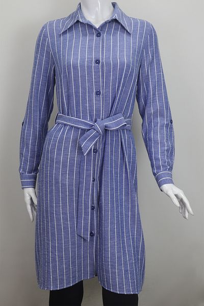 KLAPA Fistan Store Women's Dark Blue Striped Sports Cut Waist Scarf Comfortable Fit Summer Tunic