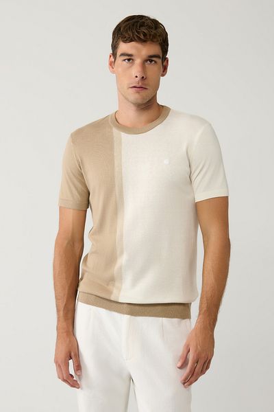 Avva Men's Mink Crew Neck Color Block Knitwear T-Shirt A41Y5062