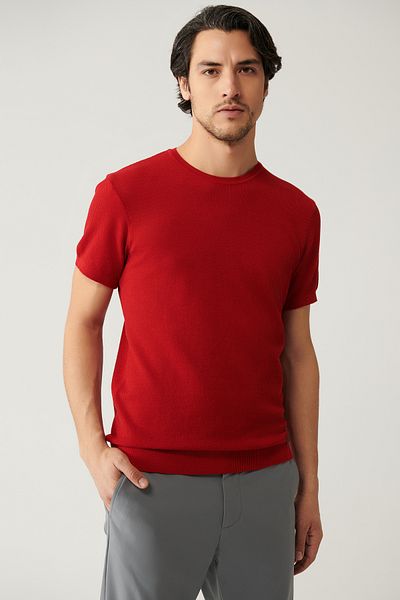 Avva Men's Red Crew Neck Textured Cotton Knitwear T-Shirt E 005027